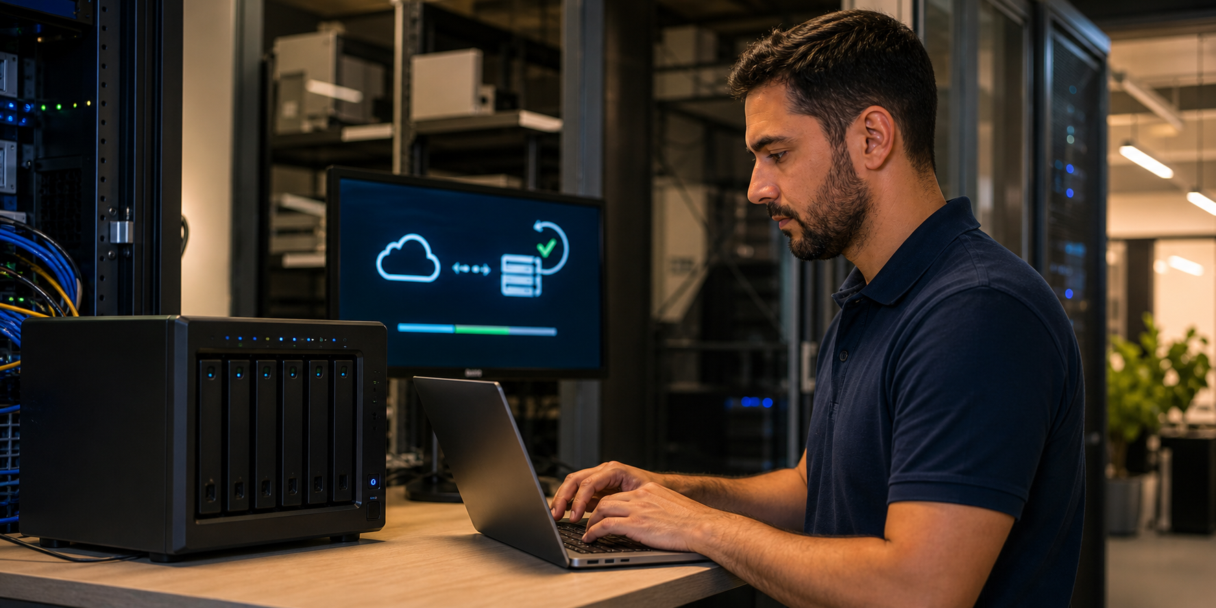 Technicien vérifiant une sauvegarde locale NAS et cloud sécurisée