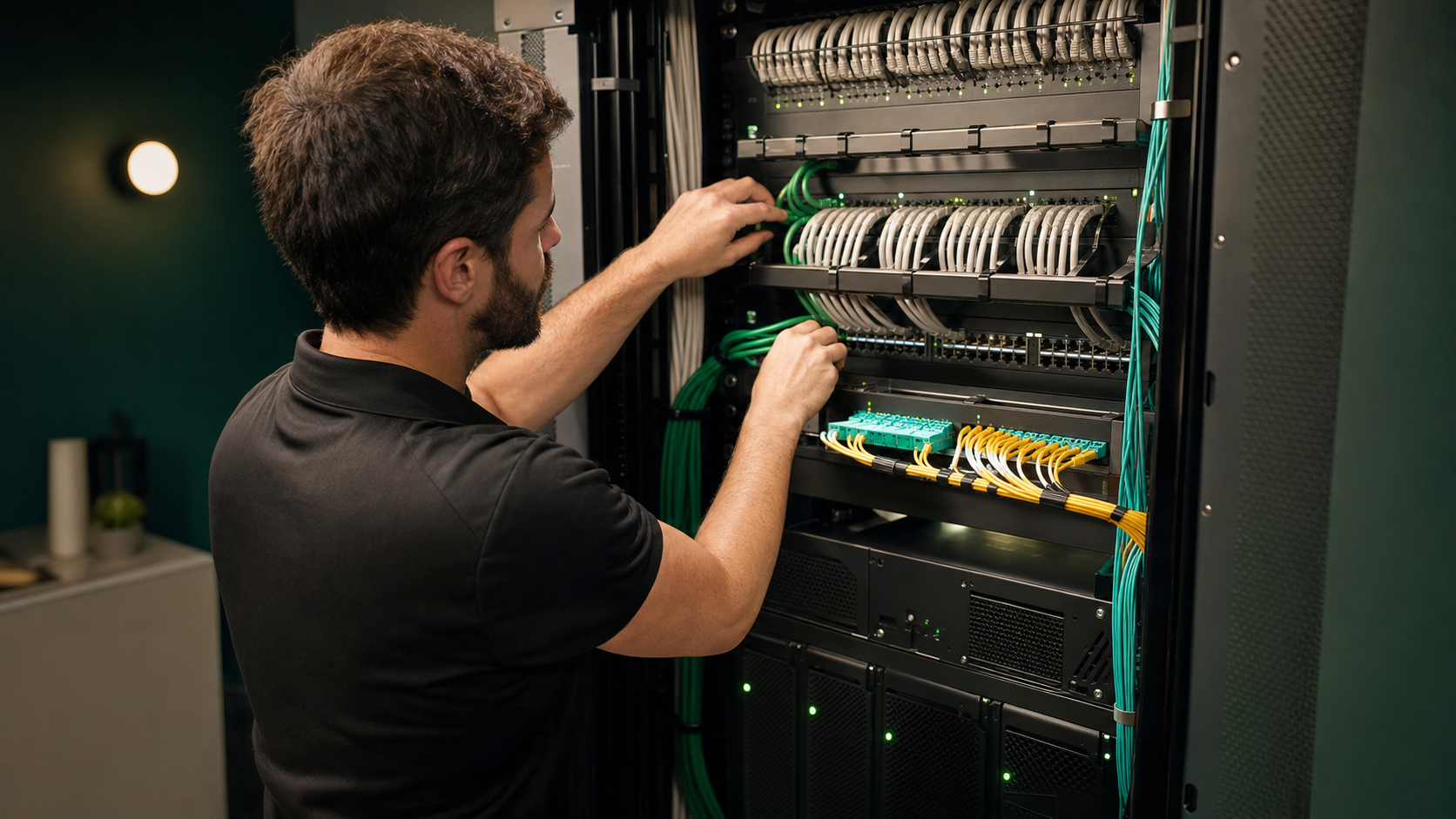 Technicien GRCS installant un câblage réseau dans une baie informatique